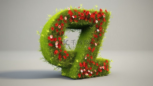 字花朵背景图片_7 号充满活力的 3D 渲染，周围环绕着郁郁葱葱的绿草和引人注目的红色花朵