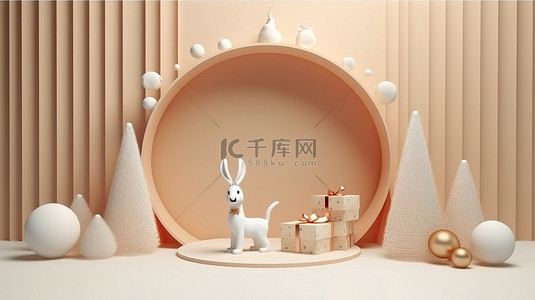 节日问候驯鹿和兔子在产品平台 3d 渲染上庆祝圣诞节