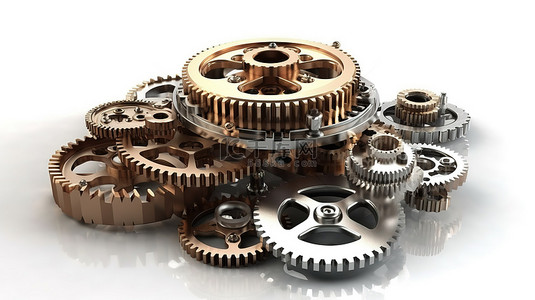 机械机构齿轮和齿轮在 3D 渲染和白色背景上的插图