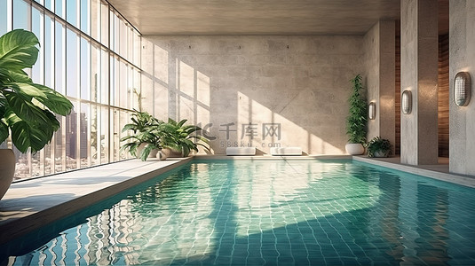 现代泳池露台的 3D 渲染，带有凹槽混凝土墙，类似于现代阁楼风格的砖块