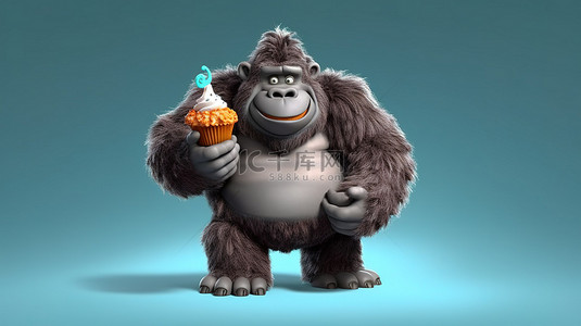 一只搞笑的 3D 大猩猩拿着美味的纸杯蛋糕