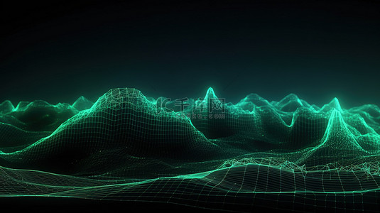 未来派网络网格 3d 渲染抽象景观与流动的绿线和点