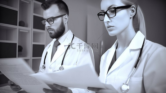 健康报告背景图片_男性和女性医生手中的医疗报告 3D 合成图像