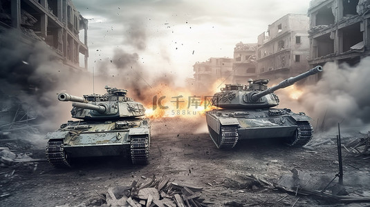大阅兵坦克背景图片_抽象插图中带有两个 3d 战斗坦克的被毁建筑物的朦胧和多云背景