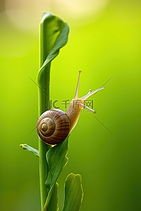 小蜗牛爬上绿色植被的茎