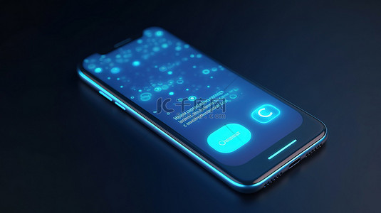 蓝色背景展示带有语音气泡和通知图标渲染的 3D 智能手机