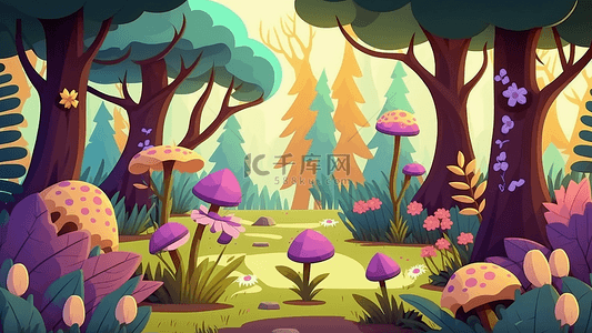 蘑菇大树卡通插画背景