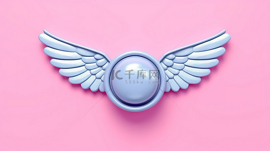 浮动蓝色翼徽章与粉红色背景完美适合您的设计 3D 渲染