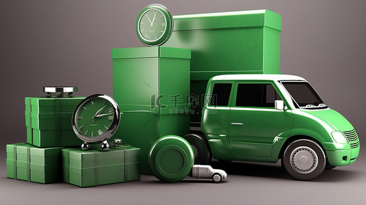 3D 渲染中绿色货车旁边的计时器和一堆盒子