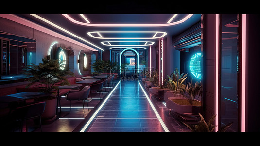 时尚的酒店入口，中央霓虹灯点亮精致餐厅 3D 渲染