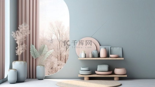 房间内自然窗户光照亮的柔和讲台显示屏的 3D 渲染