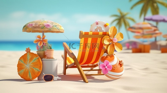 度假胜地背景图片_海滩配件的 3D 渲染，打造夏日度假胜地