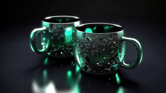 黑色背景上带有薄片的金属绿色咖啡杯的特写 3D 渲染