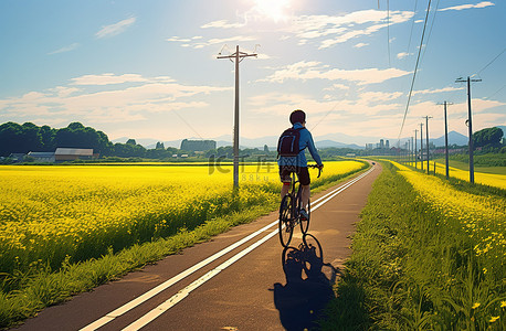 一个人骑着自行车经过田野