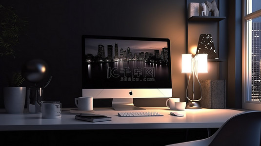 桌面电脑背景图片_黑暗夜间办公室工作室中带有白色桌面电脑屏幕的现代工作空间的 3D 渲染