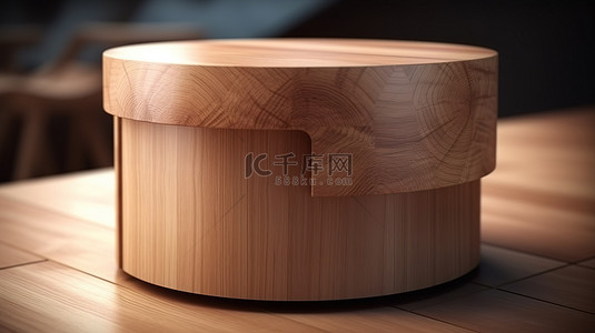 以 3D 呈现的原木色小圆桌