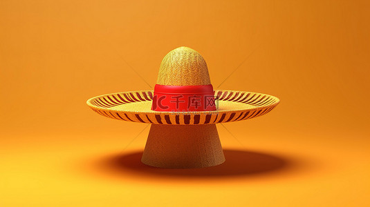 充满活力的黄色背景与墨西哥阔边帽的 3D 插图