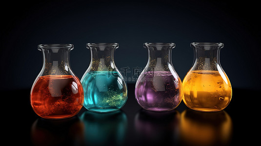 黑色背景下实验室玻璃烧瓶中化学液体的 3d 渲染