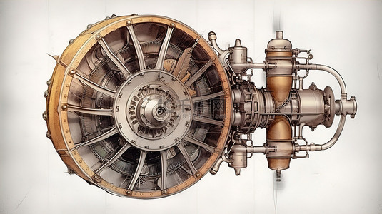 古董旋转圆形飞机发动机，带螺旋桨手绘灵感插图与 3D 渲染