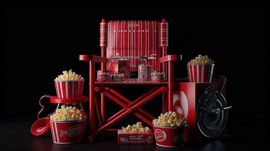 电影院背景背景图片_3D 渲染中的爆米花隔板和卷轴红色影院椅
