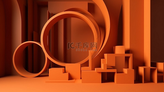 产品颜色展示背景图片_极简主义展示现代几何形状，充满活力的橙色 3D 插图