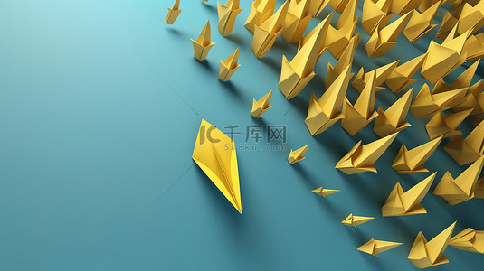 纸飞机黄色纸飞机背景图片_黄色纸飞机在白色和蓝色背景中带头说明领导概念 3d 渲染