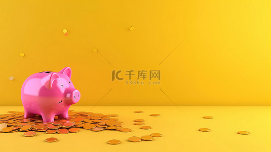 硬币落入黄色背景粉红色存钱罐的 3D 渲染，带有复制空间