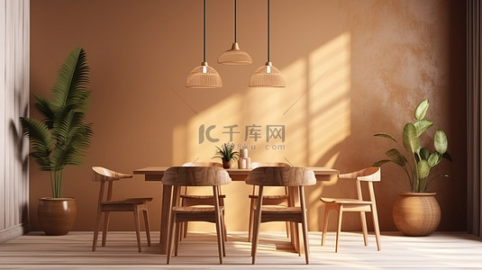 带木制餐椅的热带风格用餐角的室内场景 3D 渲染和插图