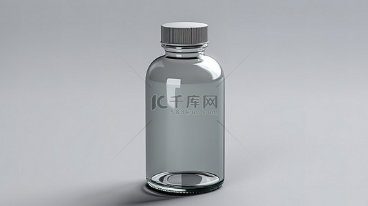 灰色背景下空玻璃疫苗瓶样机的 3D 渲染