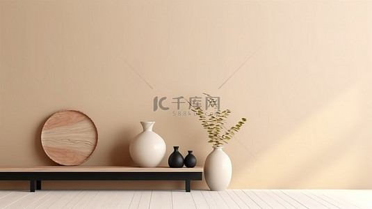 椅子海报背景图片_金属家具和米色墙壁模型与空白画布 3D 渲染