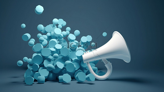 泡泡蓝色背景背景图片_蓝色背景上围绕 3D 扩音器的语音气泡沟通和公共关系的力量