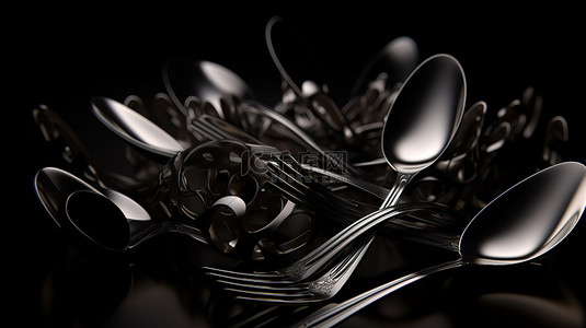 金属叉子和勺子的组件，具有文本 3D 渲染的空间