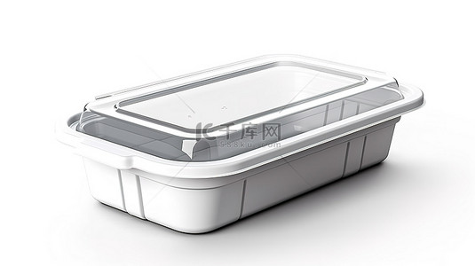 包装设计包装背景图片_空白白色塑料食品托盘包装，带有标签空间，用于在 3D 创建的白色背景上进行定制设计