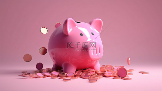 3D 渲染的硬币漏斗到粉红色的存钱罐中，这是投资和储蓄的创意插图