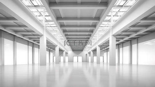 钢结构背景图片_令人惊叹的 3D 渲染，采用钢结构，呈现时尚宽敞的白色仓库内部