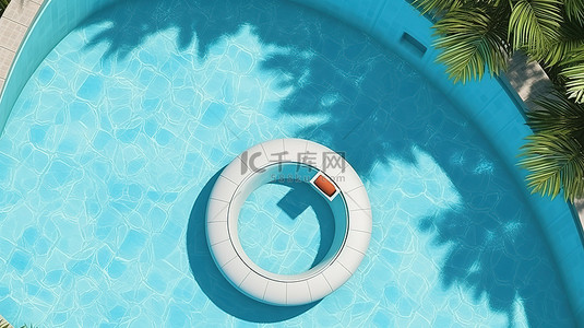 顶视图夏季背景与简约的游泳池和宁静的蓝色海水，具有热带度假概念 3D 渲染