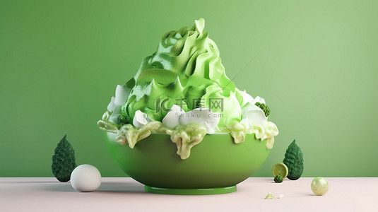 流淌冰淇淋背景图片_卡通风格 3d 渲染韩国绿茶宾索刨冰甜点完美的夏季提神