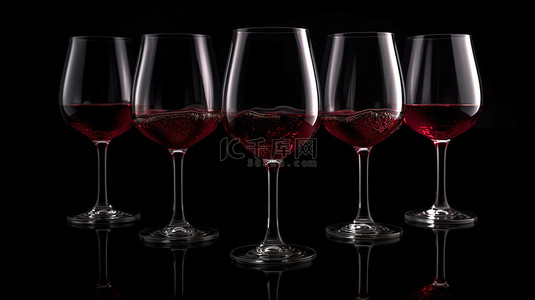 黑色背景下孤立红酒杯的 3D 渲染插图