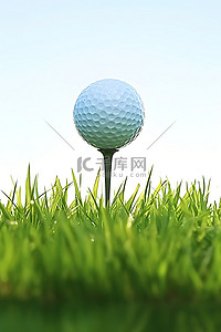 高尔夫球坐在草地上，站在发球台上