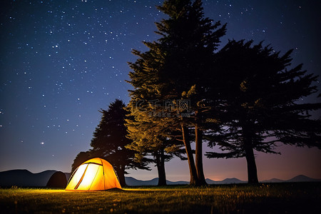 夜晚帐篷背景图片_夜空下的帐篷和树木，上面有星星