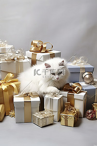 躺在圣诞礼物上的灰猫