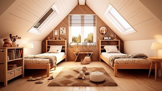 时尚图像背景图片_优雅的儿童卧室配有两张单人床屋顶窗户和棕色色调的时尚木制家具 3D 渲染图像