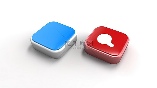 蓝色文字框背景图片_白色方形图标键与 3d 红色和蓝色语音气泡隔离在白色背景