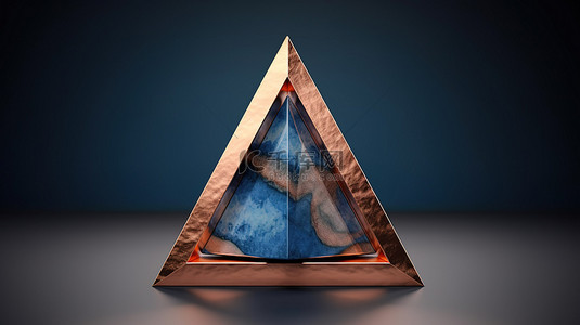 几何铜框架中蓝色大理石木三角形的 3D 渲染