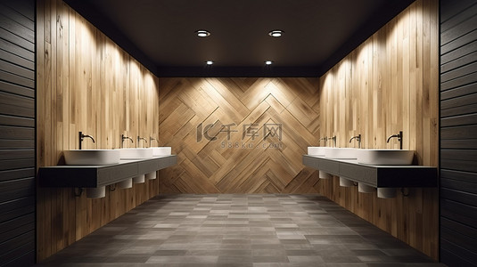 3D 渲染中公共卫生间的现代瓷砖和木质室内设计