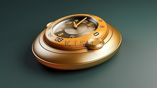 金色色调的老式闹钟 3D 渲染 ui ux 界面的圆形按键按钮