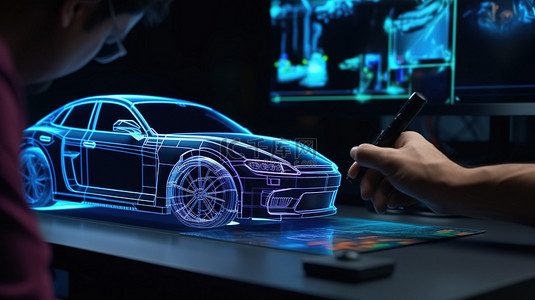 原型设计背景图片_汽车工程师在虚拟屏幕上创建 3D 原型设计