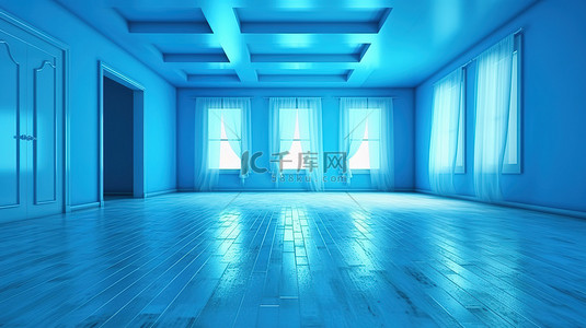 宁静的蓝色房间的 3D 渲染图像