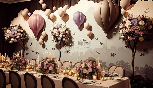 婚礼黄色背景背景图片_派对鲜花气球少女心背景