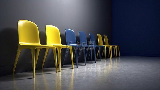 蓝色椅子排成一排，并带有对比鲜明的黄色 3D 渲染图像